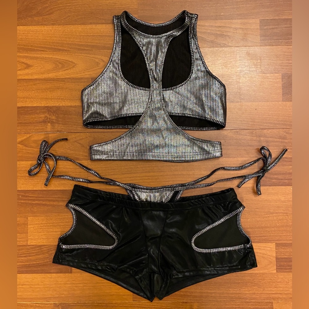 Metallic Striped High Neck Top & Faux Underwear Mini Short Festival Set